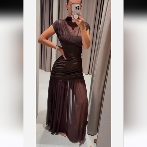 Zara Brown Draped Maxi Dress with Sheer Skirt - Picture 5 of 16